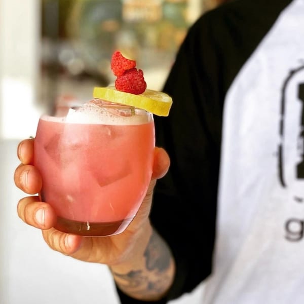 Hand holding a pink cocktail garnished with lemon and raspberries, against a blurred background.